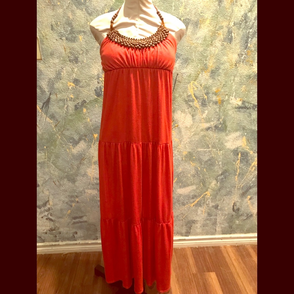 XOXO Long Burnt orange w/ wood beaded sundress